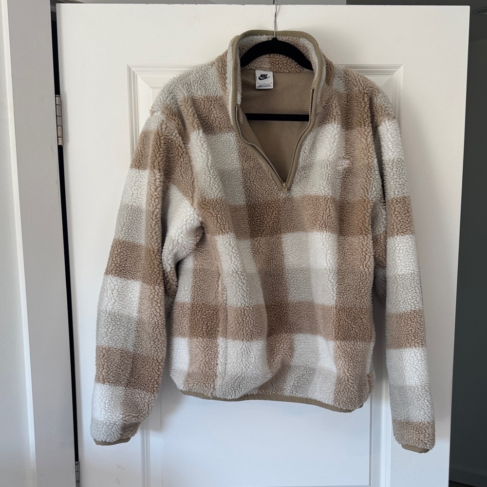 Nike Beige and White Plaid Zip-Up Pullover